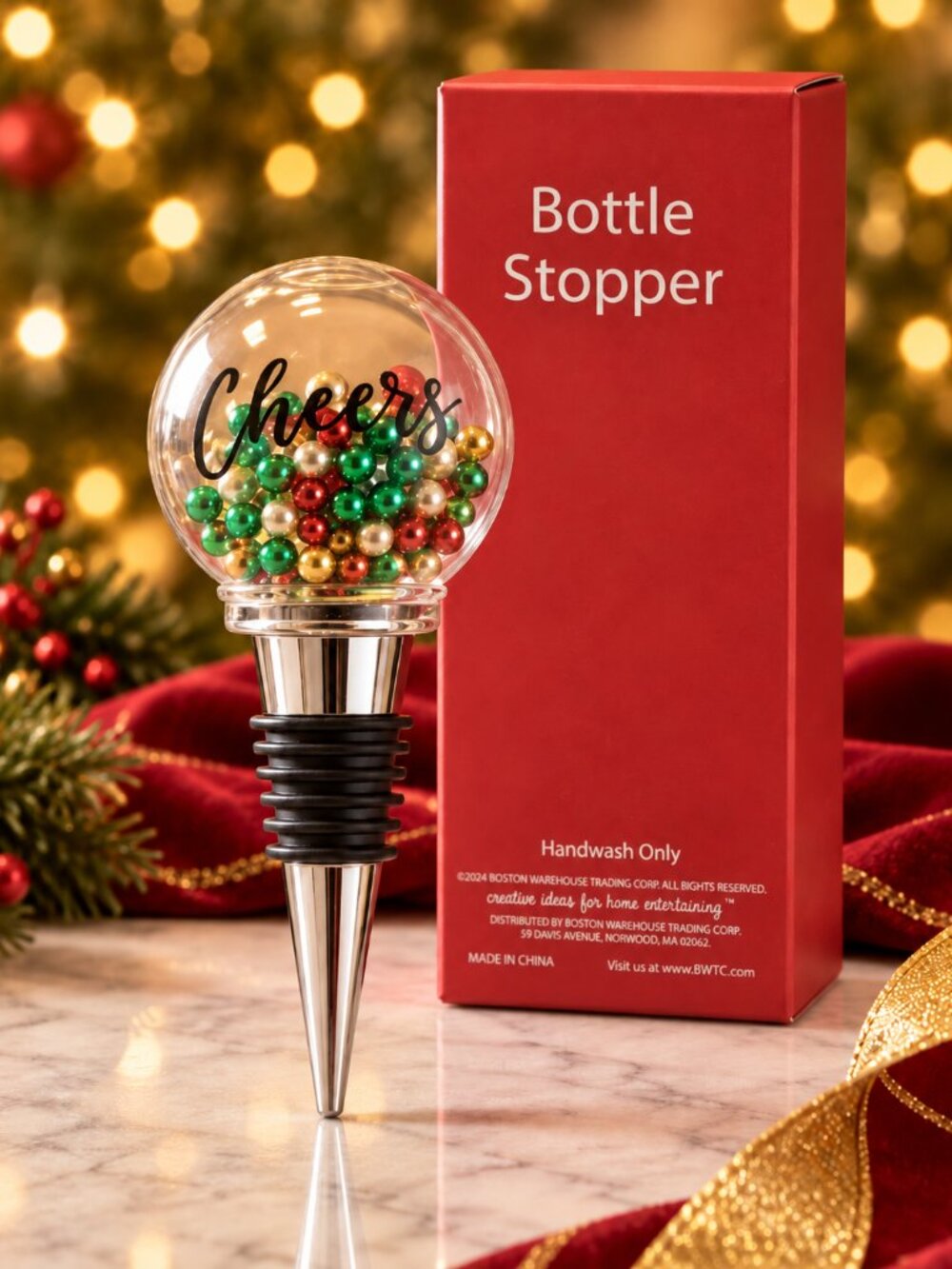 Holiday Cheers Bottle Stopper Red Green Gold Beaded Glass